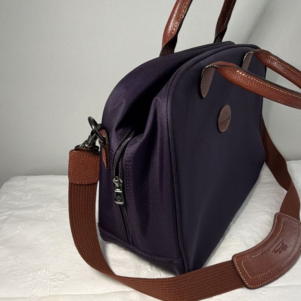 Longchamp Le Pliage Purple Nylon Briefcase Brown Leather Trim Shoulder Strap